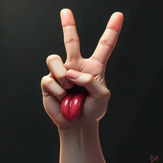 a mouth with a protruding tongue located between two fingers of one hand spread out in the form of victory