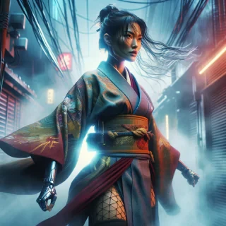 Create super realistic 4k image. A woman wearing a kimono that has been modified to be more futuristic with a cyberpunk style. Standing with a great warrior style. Fierce facial reaction with a cynical smile. Windy and foggy atmosphere. Looks stylish and beautiful. Cinematic mode. High resolution. Dynamic colors. Super detailed. Dramatic atmosphere. Set in the futuristic cyberpunk-themed city of Tokyo.