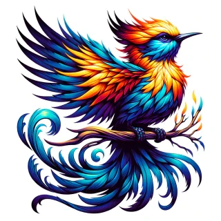 passaro de fogo, cor de fogo, azul e pontas das asas pretas