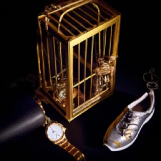 :An opulent, gold-plated cage. Inside the cage are luxury items: a designer bag, a fancy watch, and shiny sneakers. The cage door is open, but it's trapped in a loop. Dark, dramatic lighting. --ar 9:16 --style raw
