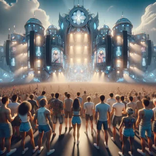 Photorealistic 4k detailed Tomorrowland open mainstage scene with realistic modern young peoples weater with shirts and shorts