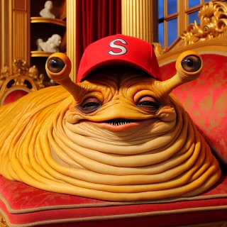 Jabba the hut with a MAGA baseball cap on